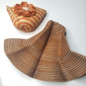 Straw Wristlet with Straw Bucket Hat Inside Tan & Orange